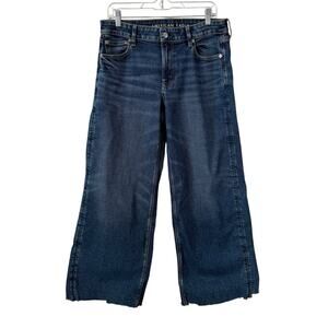 American Eagle Stretch Low Rise Baggy Wide Leg Jeans Raw Hem Size 8 Short Grunge